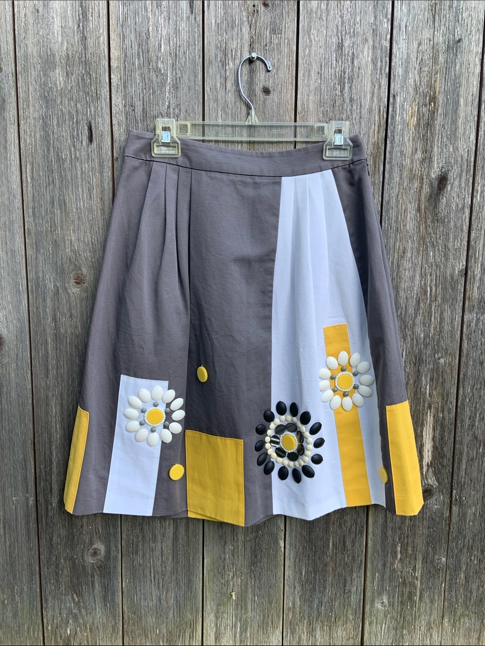 Boden Gray, White & Yellow A-Line Skirt with Floral Appliqués 4